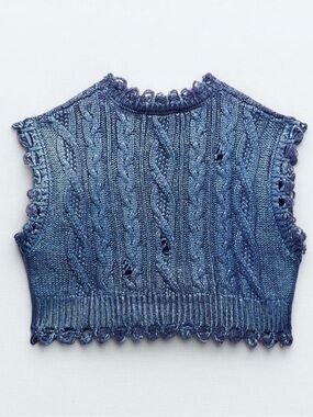 Zara Distressed Metallic Blue Cropped Sweater - Size Medium
